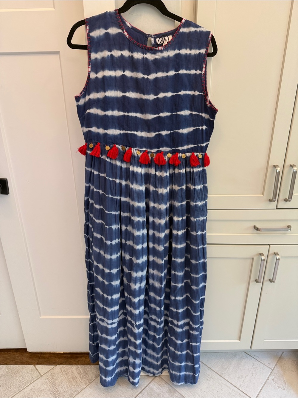 THML Blue & White Tie-Dye Maxi Dress with Red Tassel Waist